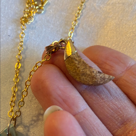 Elegant Blue Agate Slice and Jasper Moon Pendants on 23” Gold Tone Chain - Picture 2 of 12